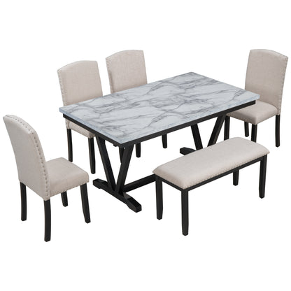 Juego de mesa de comedor de estilo moderno con 4 sillas y 1 banco (6 piezas)