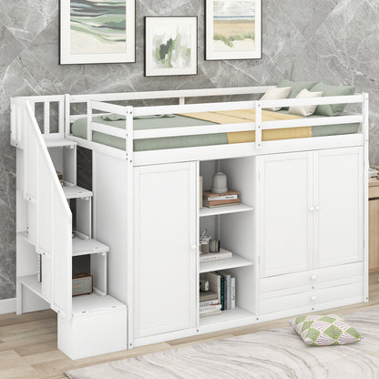 Functional loft bed with 3 shelves, 2 wardrobes and 2 drawers, ladder with storage.