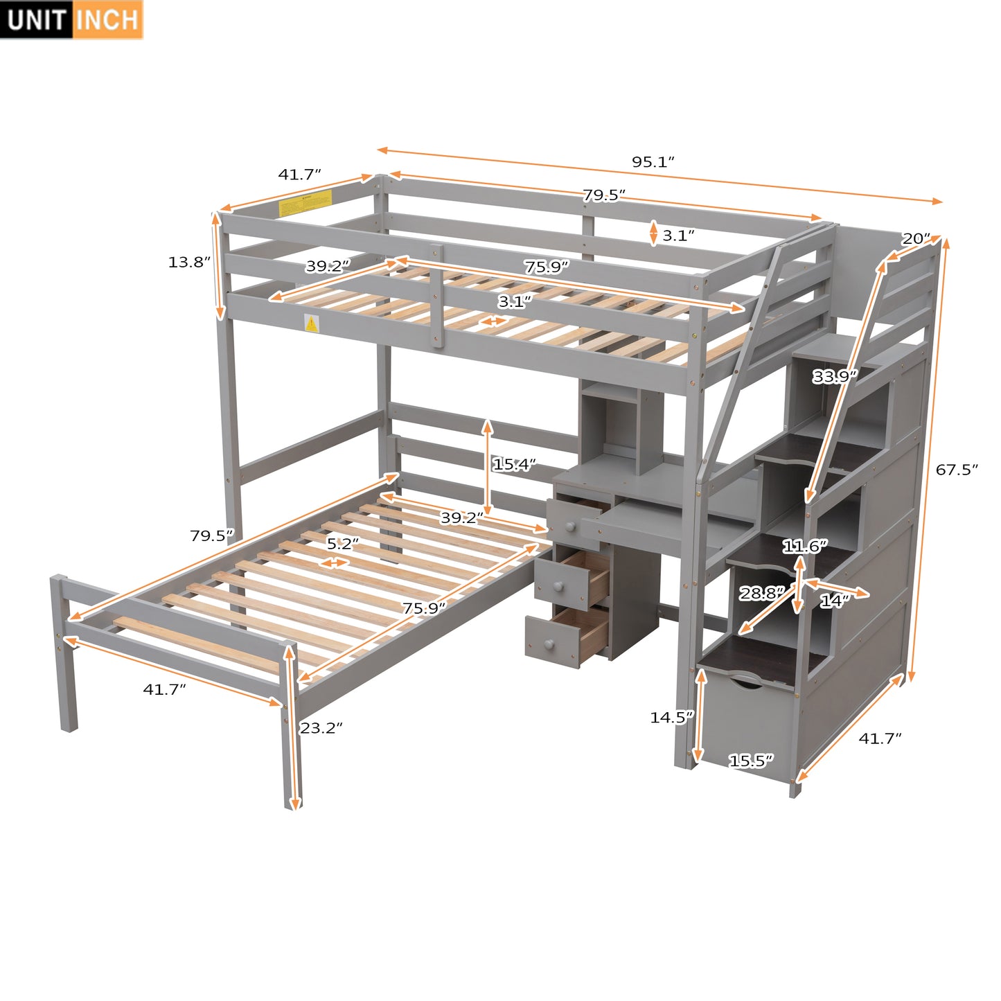 Cama alta doble con cama independiente, escaleras con espacio de almacenaje, escritorio, estantes y cajones, color gris