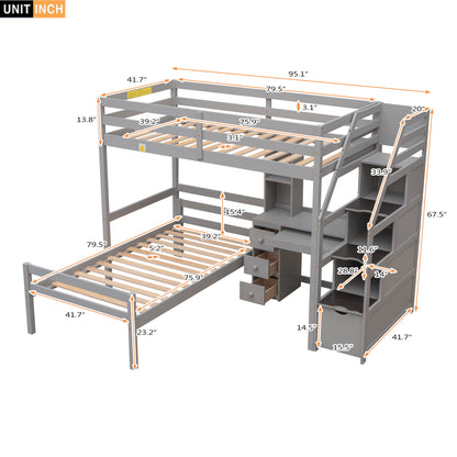 Lit loft double avec lit autonome, escalier de rangement + bureau.