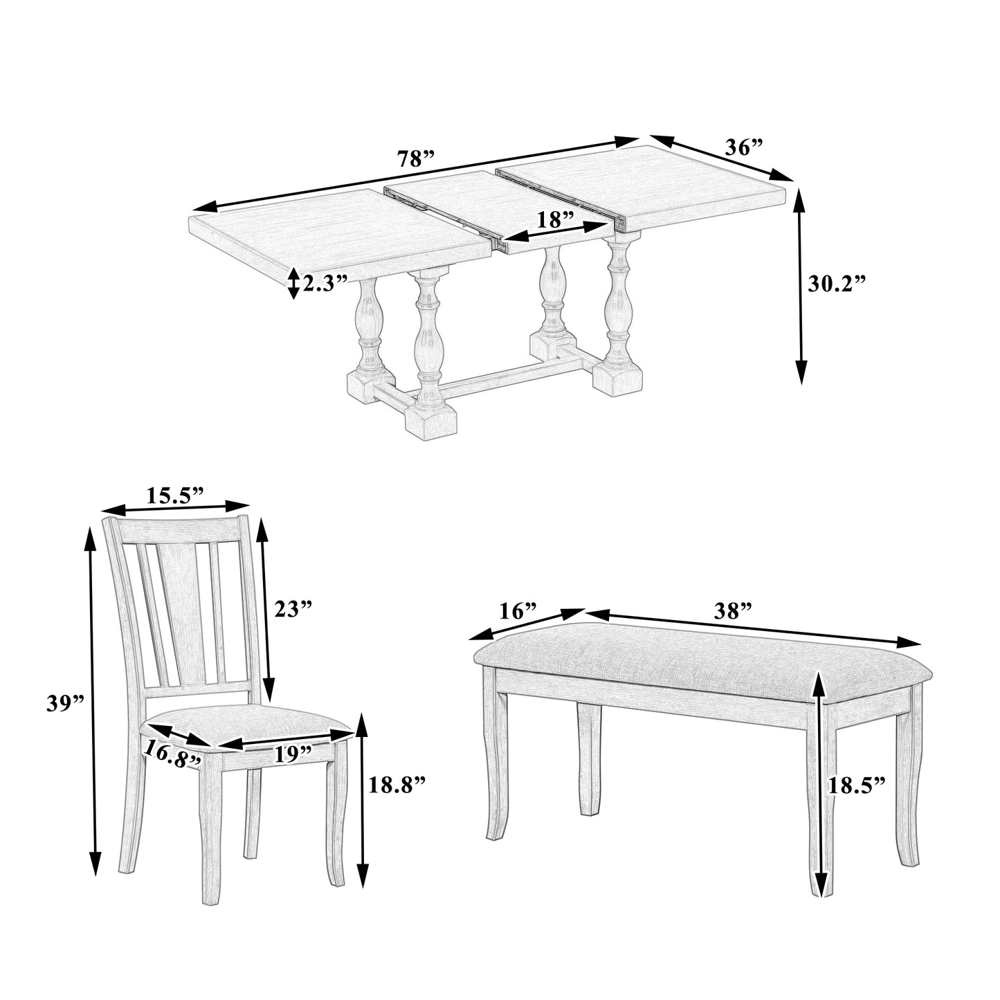 Juego de mesa de cocina con 1 banco y 4 sillas (6 piezas)