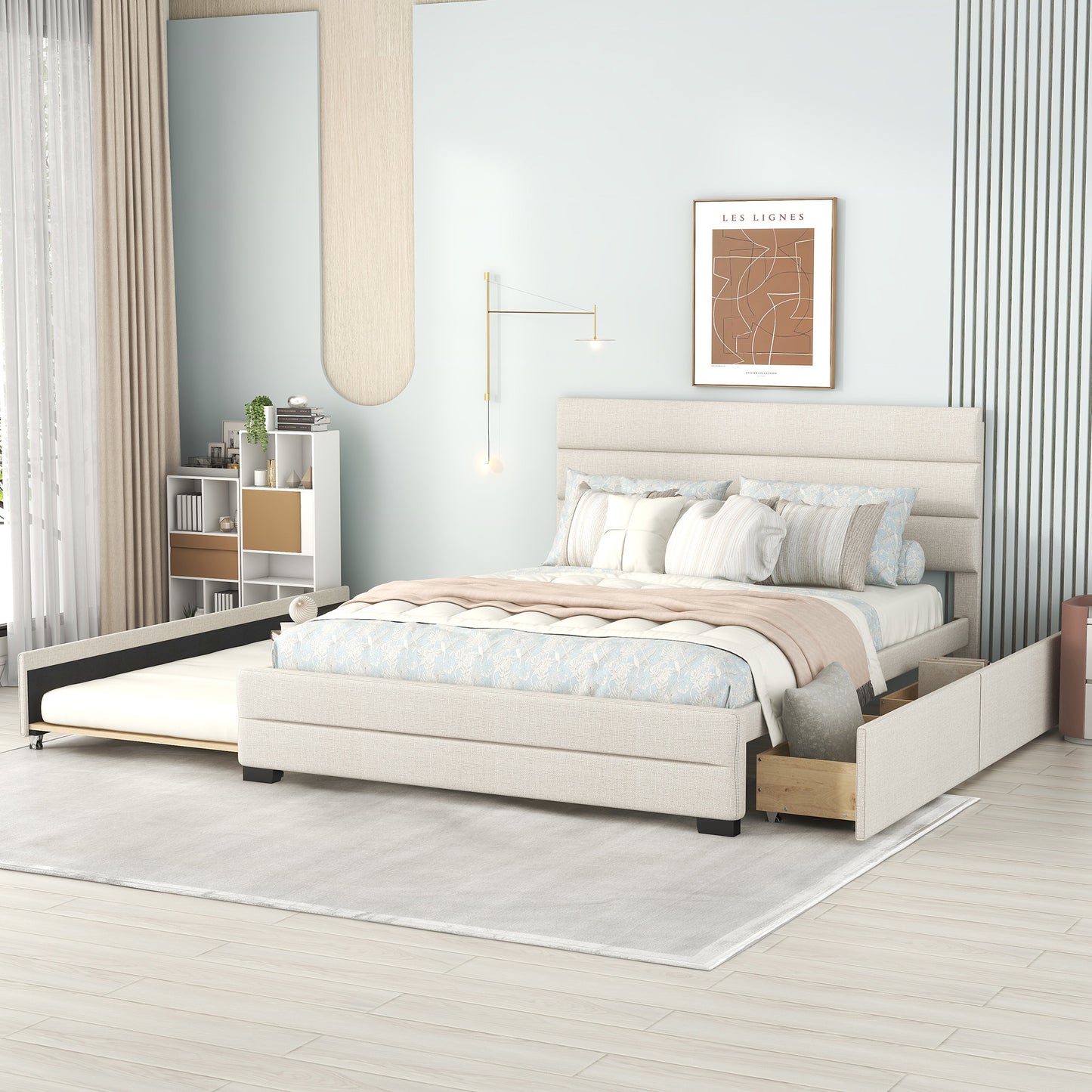 Cama Queen tapizada con plataforma, cama nido doble y dos cajones en color beige