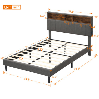 Cama de plataforma tapizada de tamaño completo con cabecera de almacenamiento (con puertos USB)