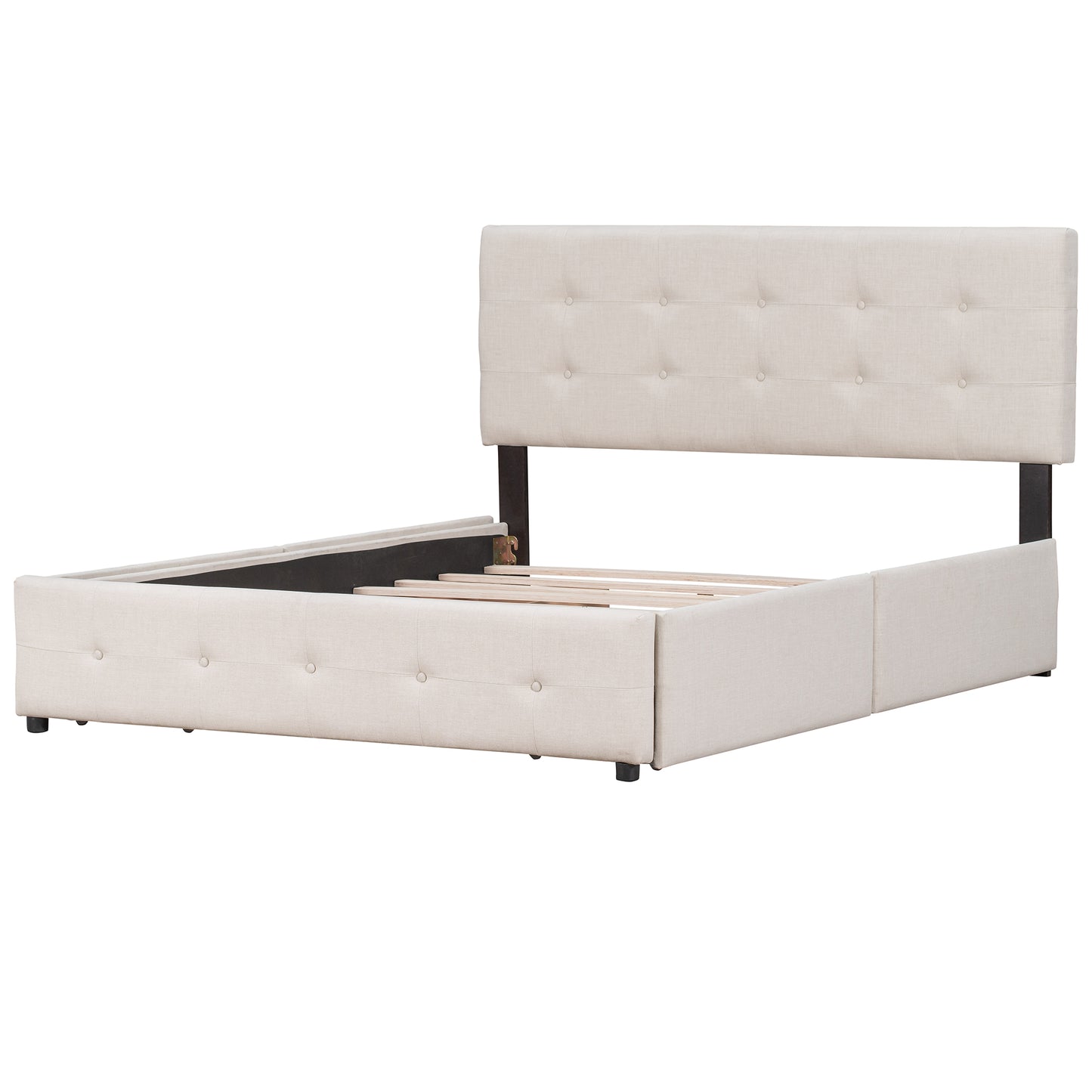 Cama de plataforma tapizada con cabecero clásico y 4 cajones. No necesita somier. Tela de lino. Tamaño Queen Beige