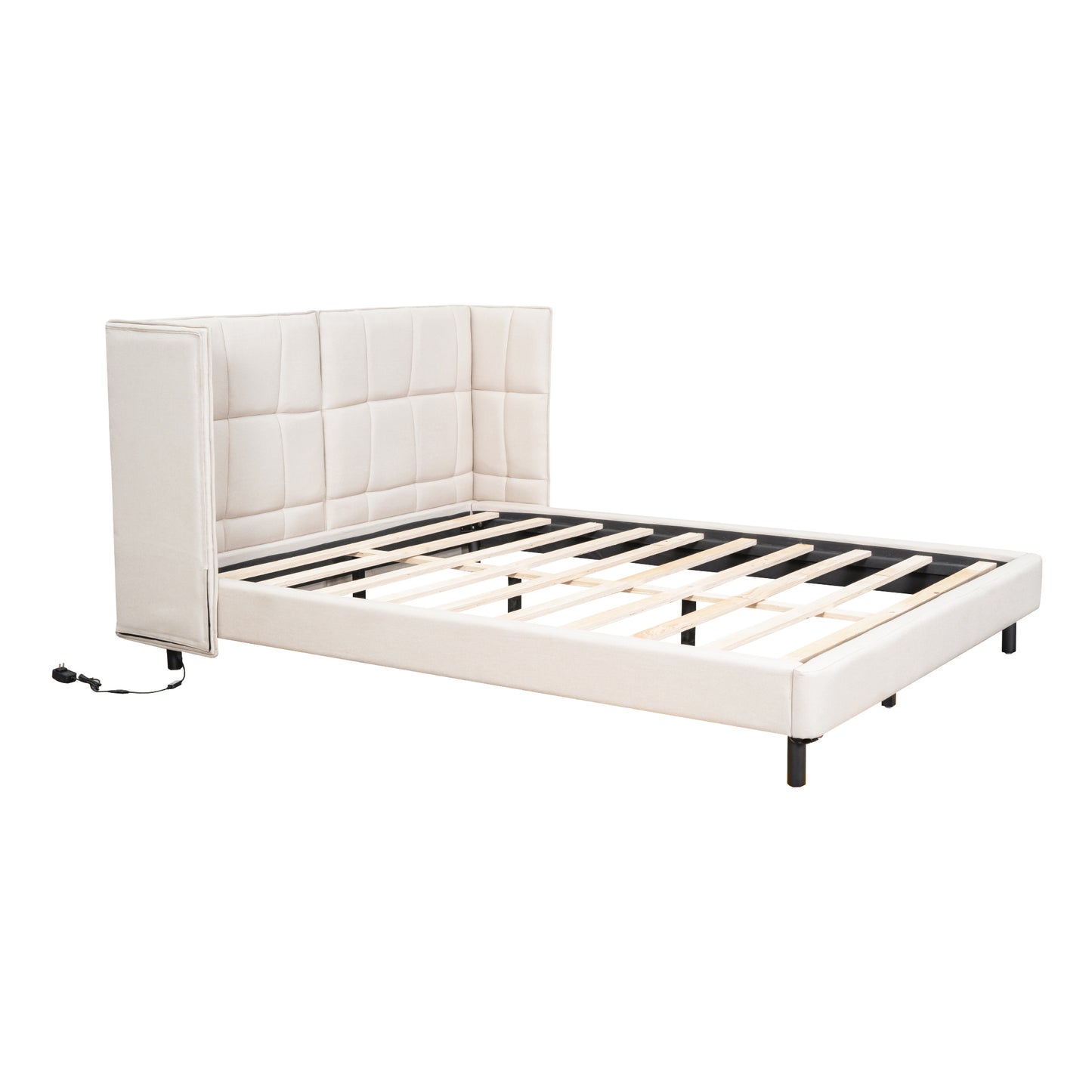 Cama Queen Size con plataforma tapizada, luces LED y cabecero en forma de U, tela de lino, color beige