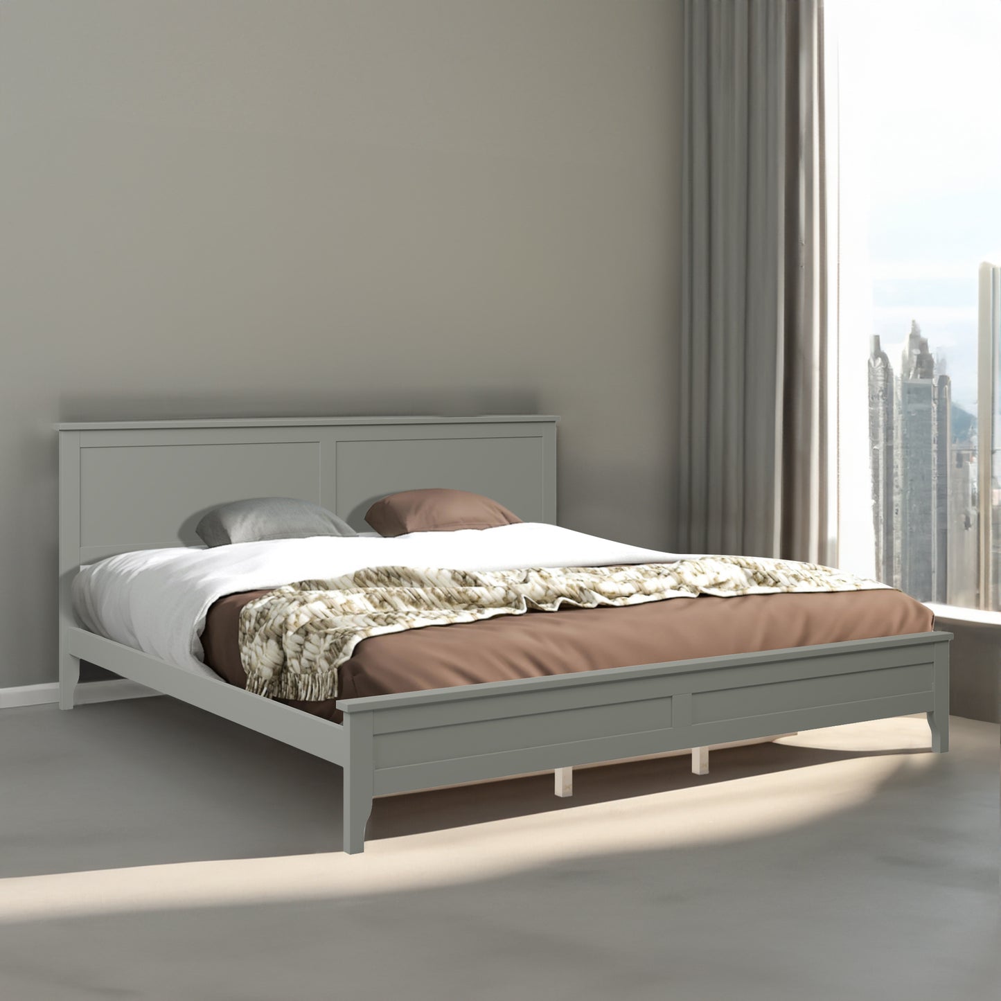 Modern Grey Solid Wood King Platform Bed