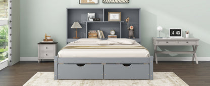 Queen Size Platform Bed with Storage Headboard and 2 Drawers