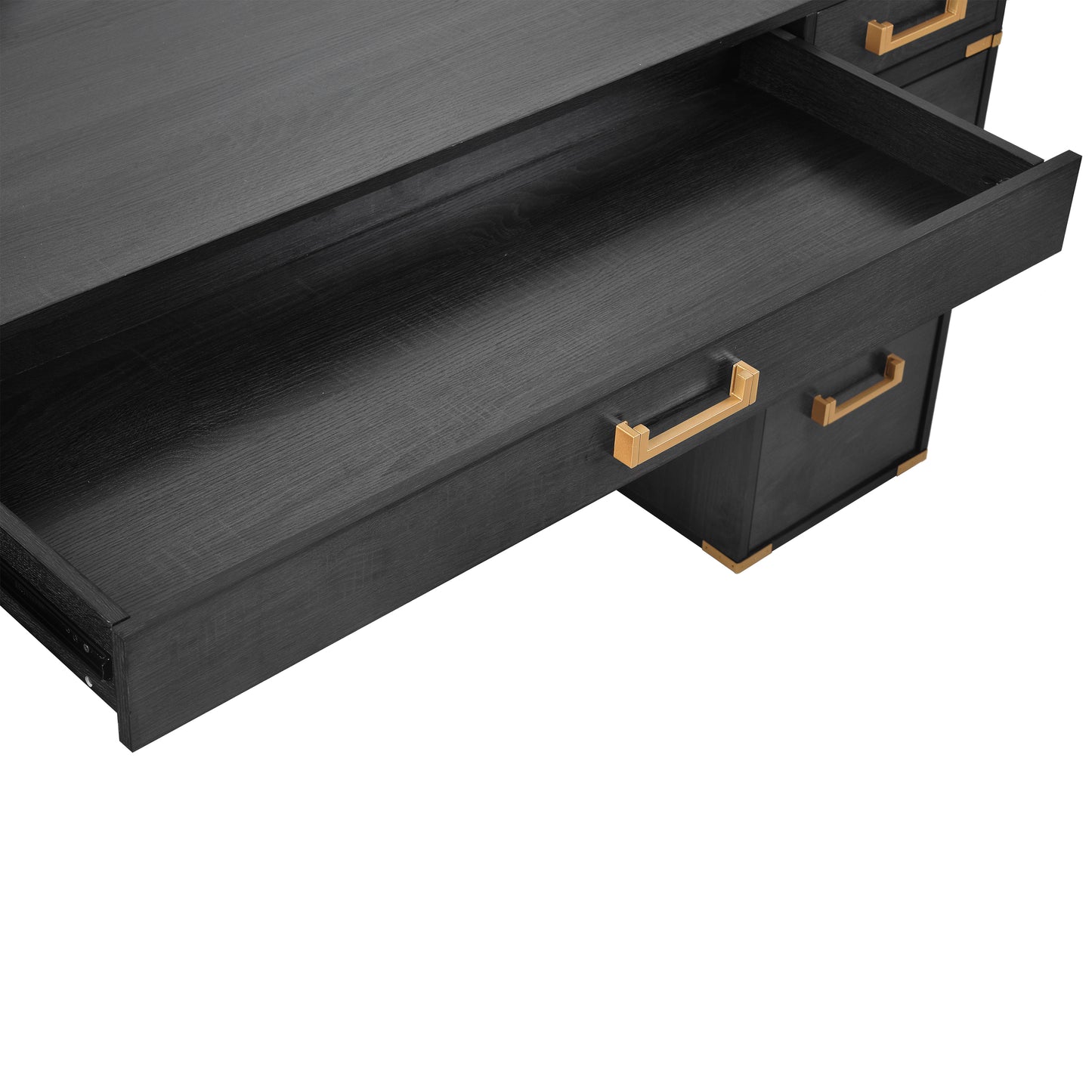 Classic and traditional 70 inch executive desk with metal trim.