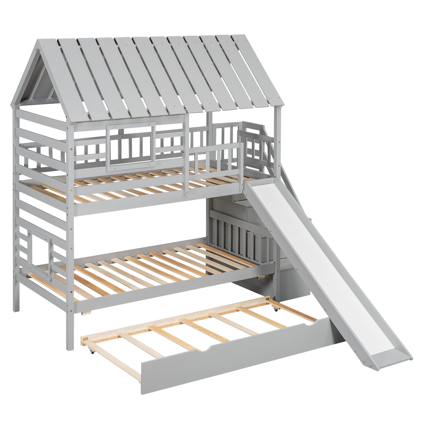 Twin House bunk bed with truncated and sliding storage staircase.