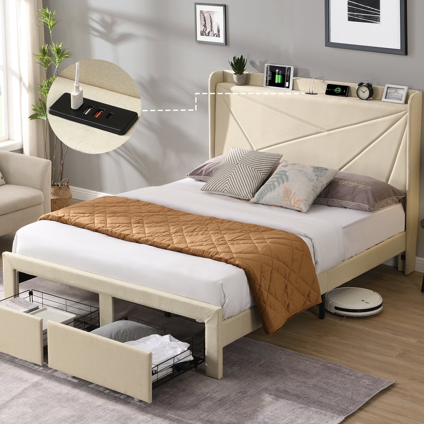 Full size bed frame with 2 drawers.