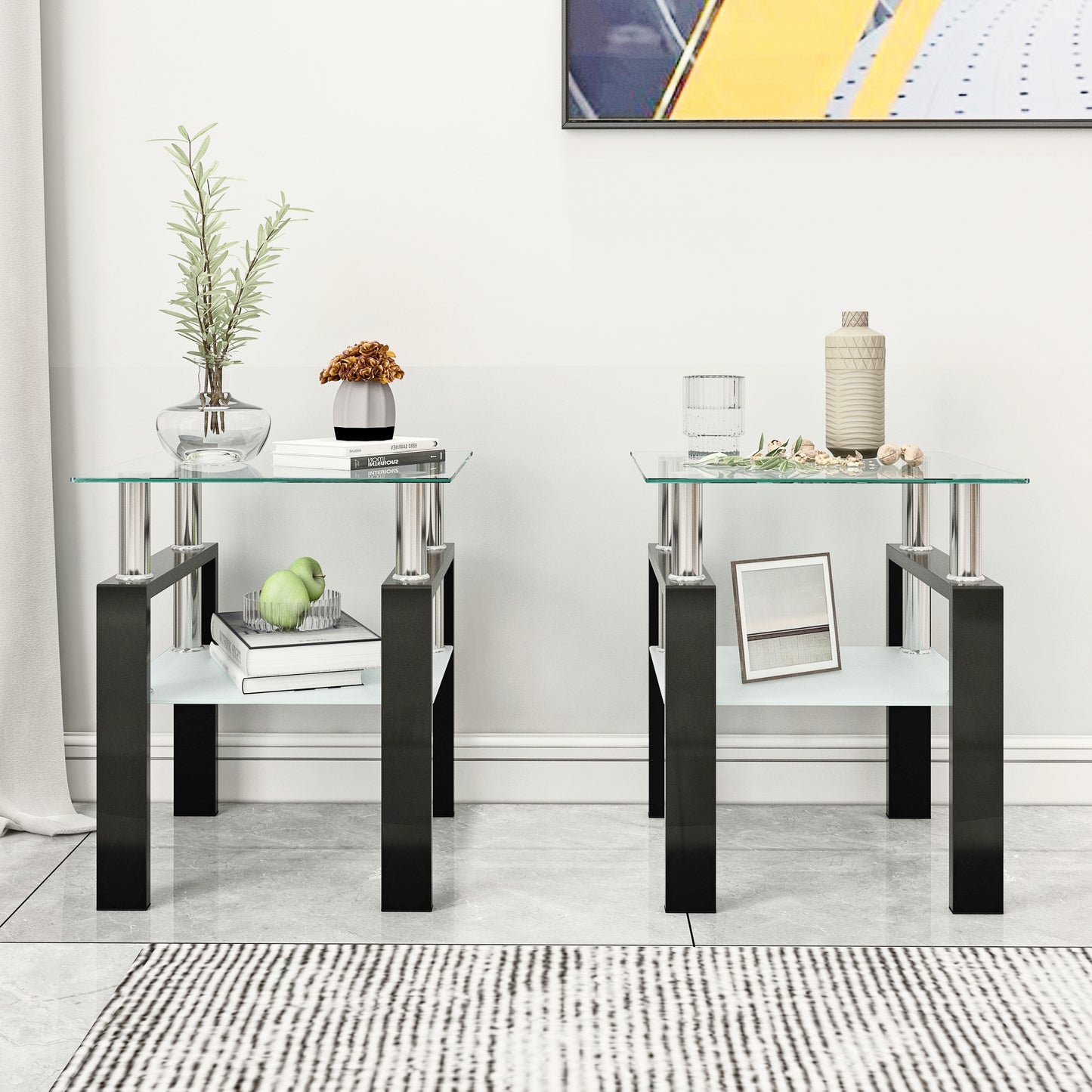 Set of two modern tempered glass side tables