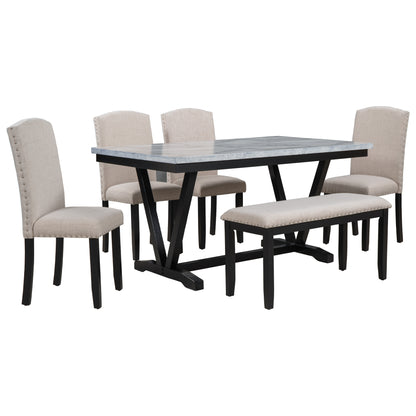 Juego de mesa de comedor de estilo moderno con 4 sillas y 1 banco (6 piezas)