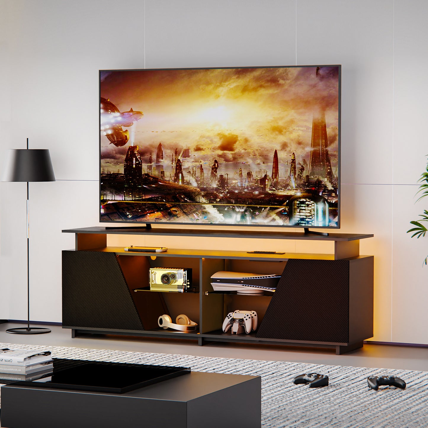 Meuble TV avec prises et LED intégrées.