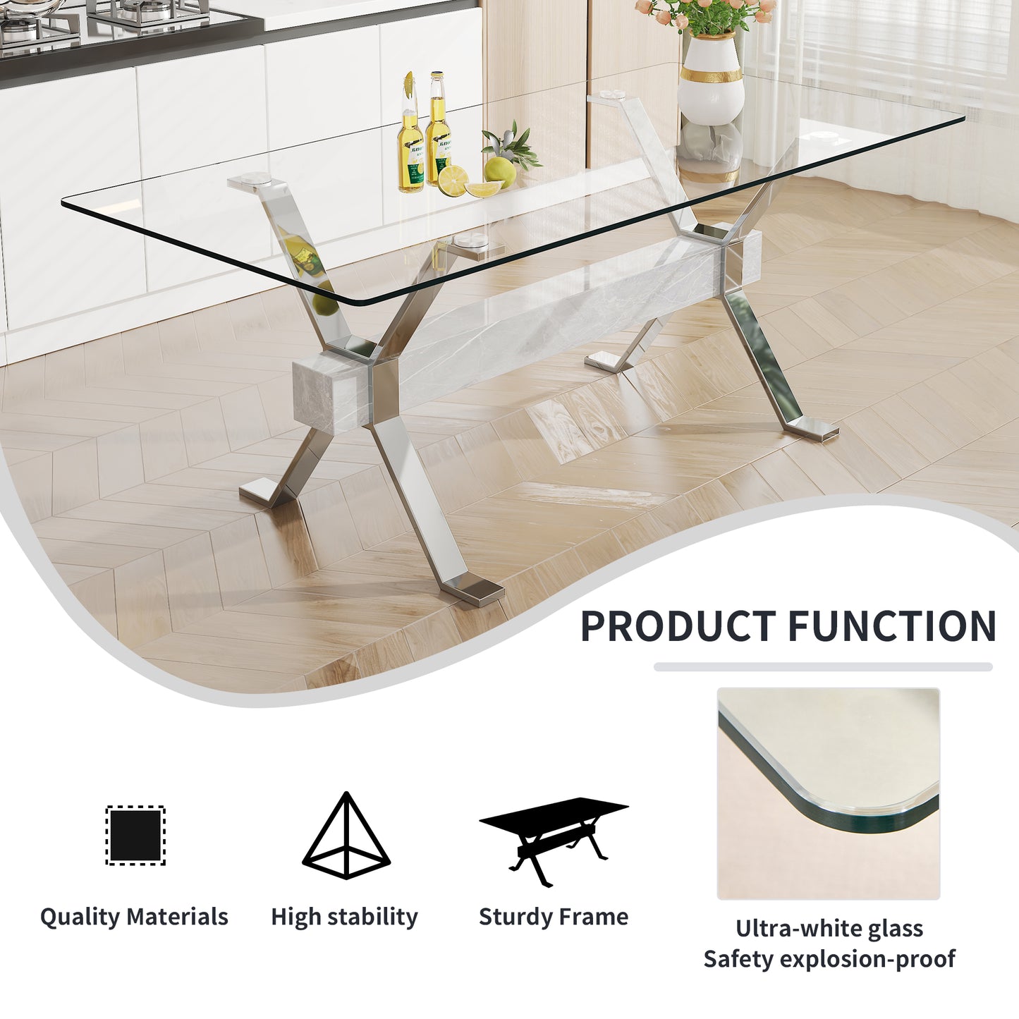 Modern Tempered Glass Dining Table 79"x39"x30" 1105