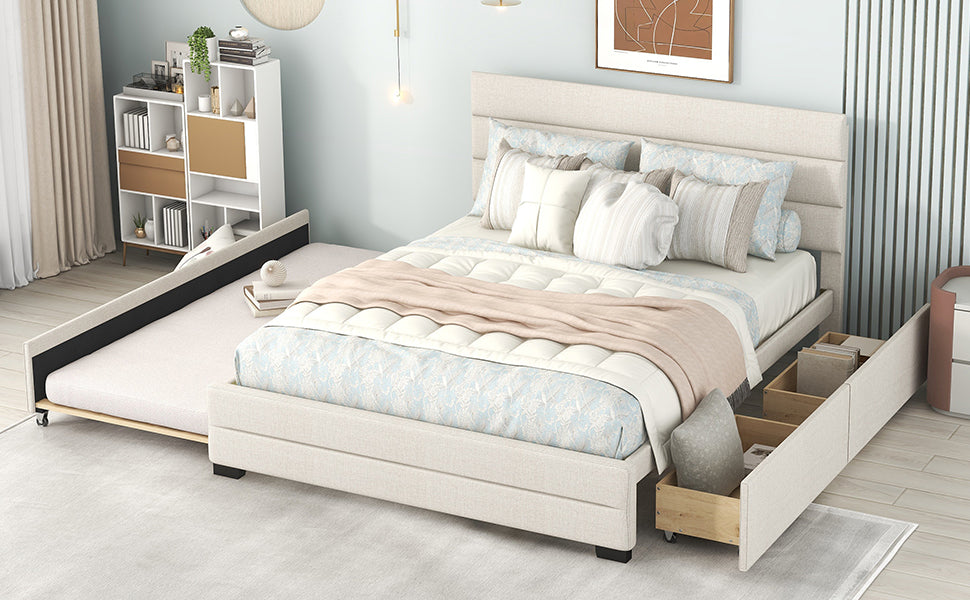 Cama Queen tapizada con plataforma, cama nido doble y dos cajones en color beige