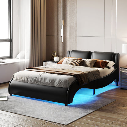 Cama tamaño Queen tapizada con plataforma y marco de cama iluminado con LED.