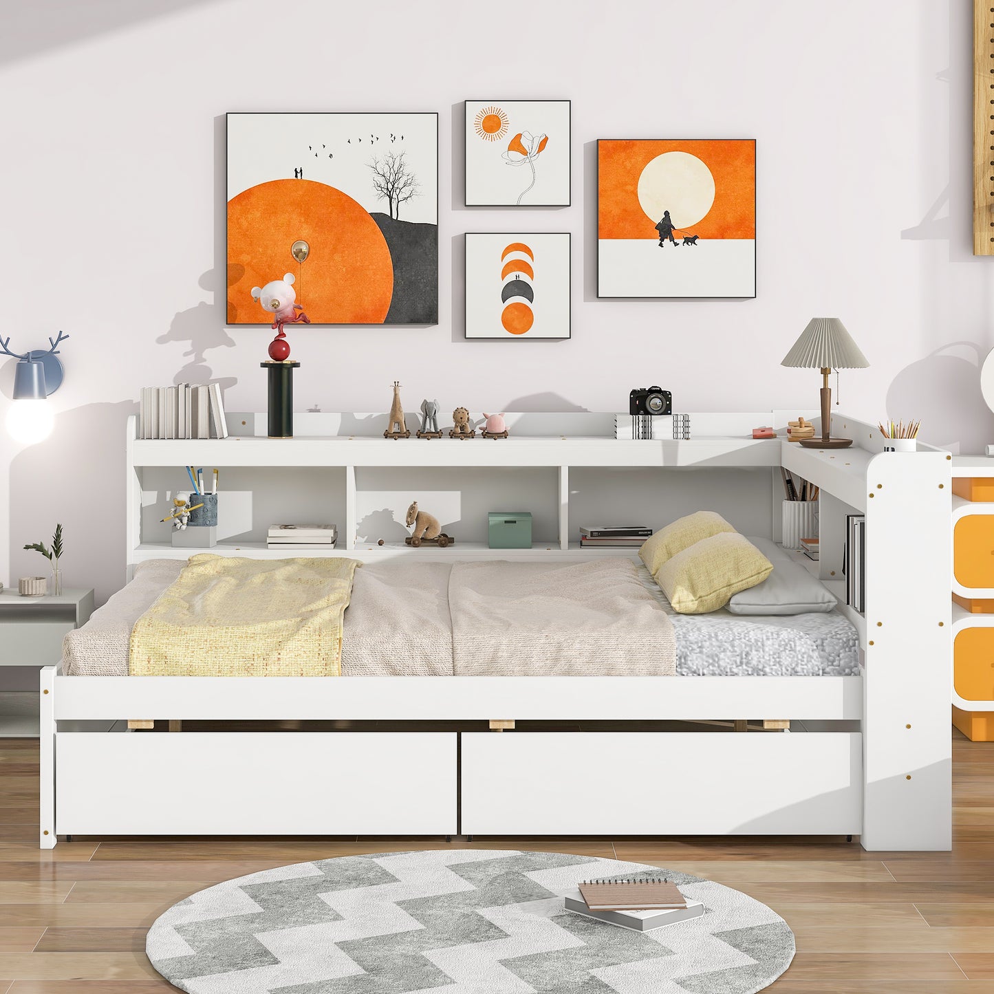 Cama completa con librerías en L, cajones, color blanco.