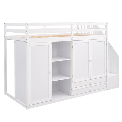 Functional loft bed with 3 shelves, 2 wardrobes and 2 drawers, ladder with storage.