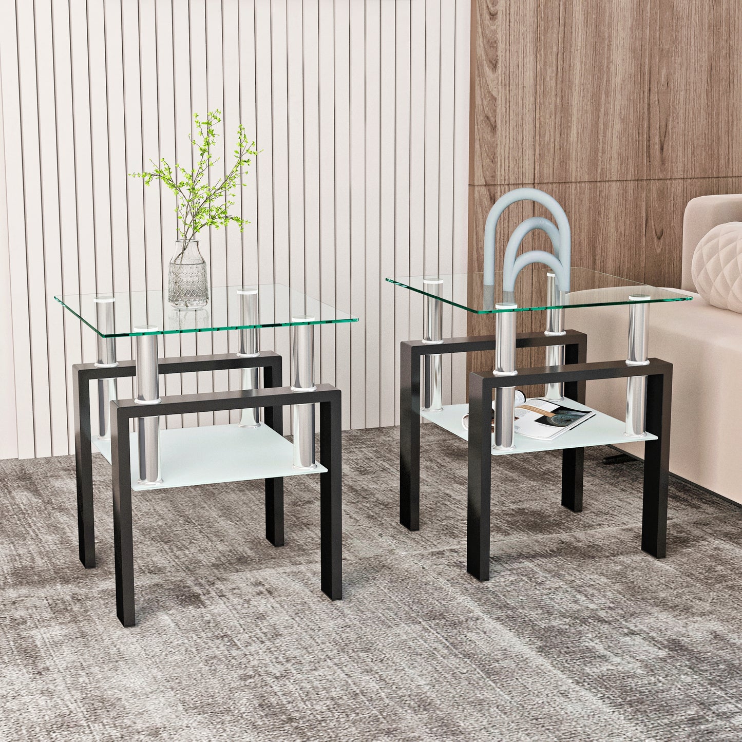 Set of two modern tempered glass side tables