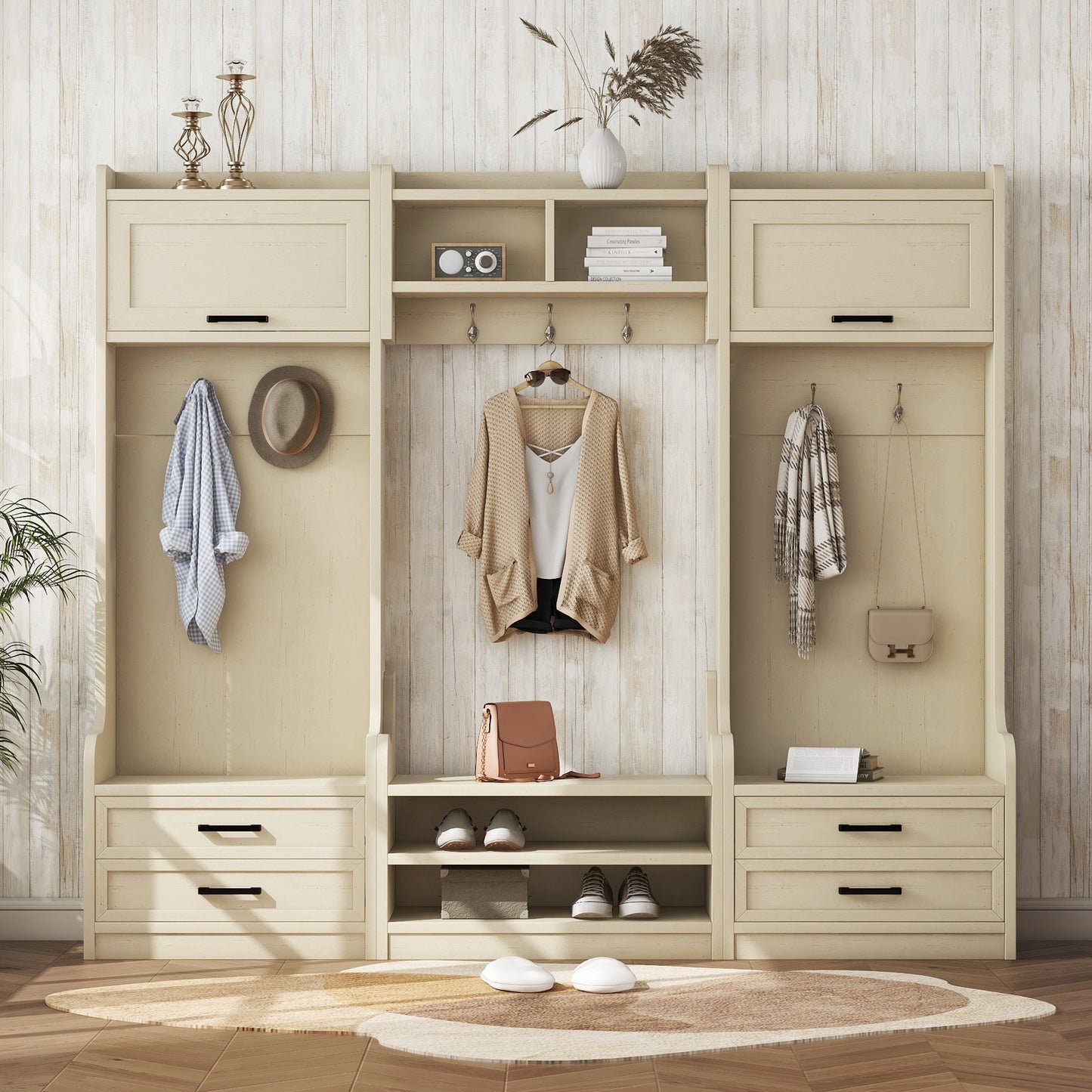 Large four-in-one piece of furniture with drawers and cabinets.