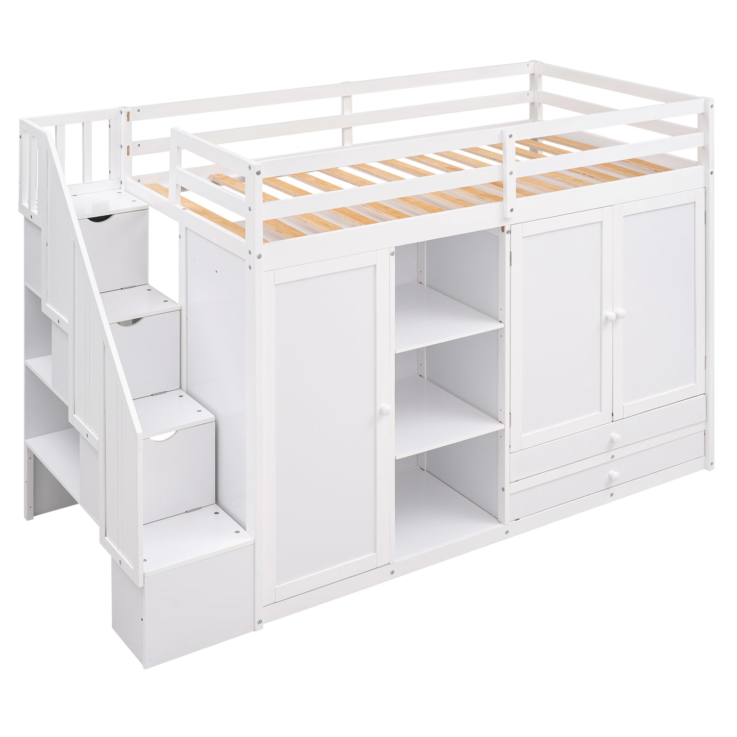 Functional loft bed with 3 shelves, 2 wardrobes and 2 drawers, ladder with storage.