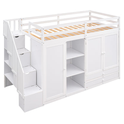 Cama alta funcional con 3 estantes, 2 armarios y 2 cajones, escalera con almacenaje, no necesita somier, color blanco