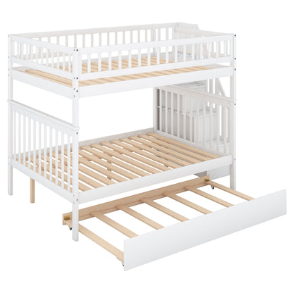 Full bed with trundle bed and white staircase