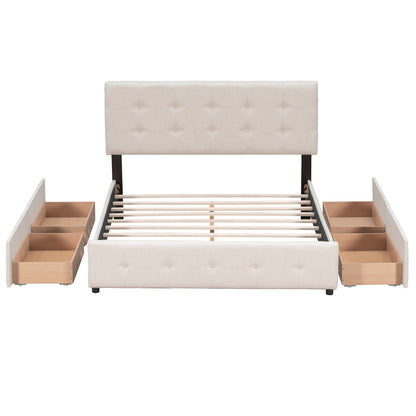 Cama de plataforma tapizada con cabecero clásico y 4 cajones. No necesita somier. Tela de lino. Tamaño Queen Beige