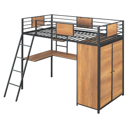 Lit double loft avec bureau en forme de L et garde-robe, noir