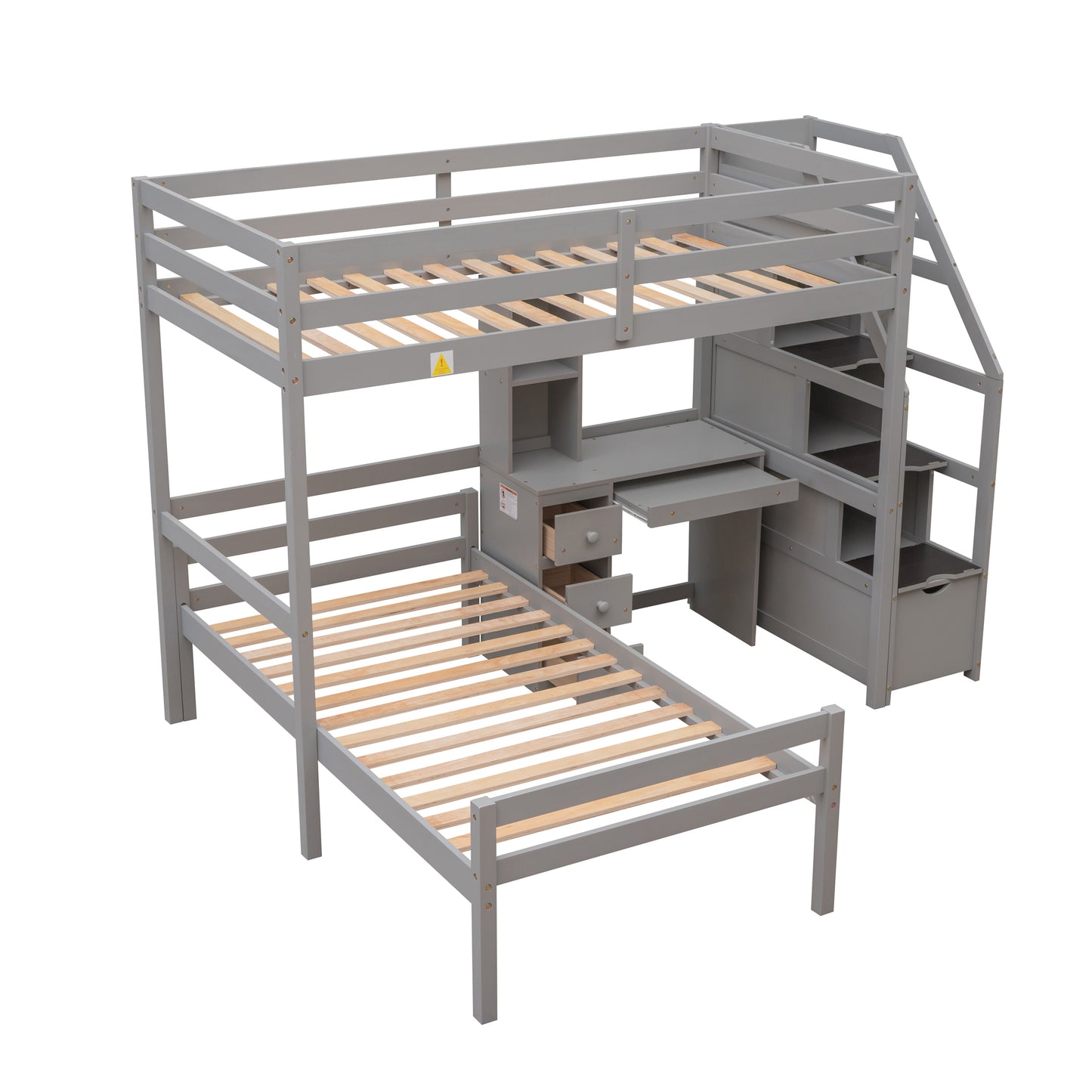 Double loft bed with freestanding bed, storage staircase + desk.