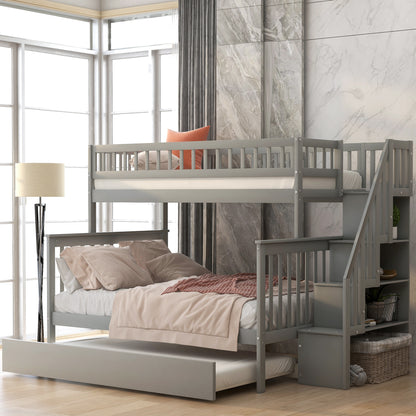 Bunk Bed with Trundle and Staircase Gray