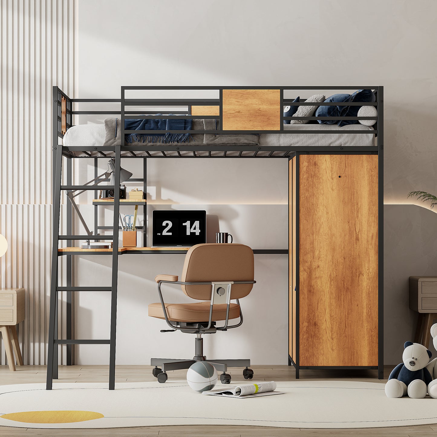 Lit double loft avec bureau en forme de L et garde-robe, noir