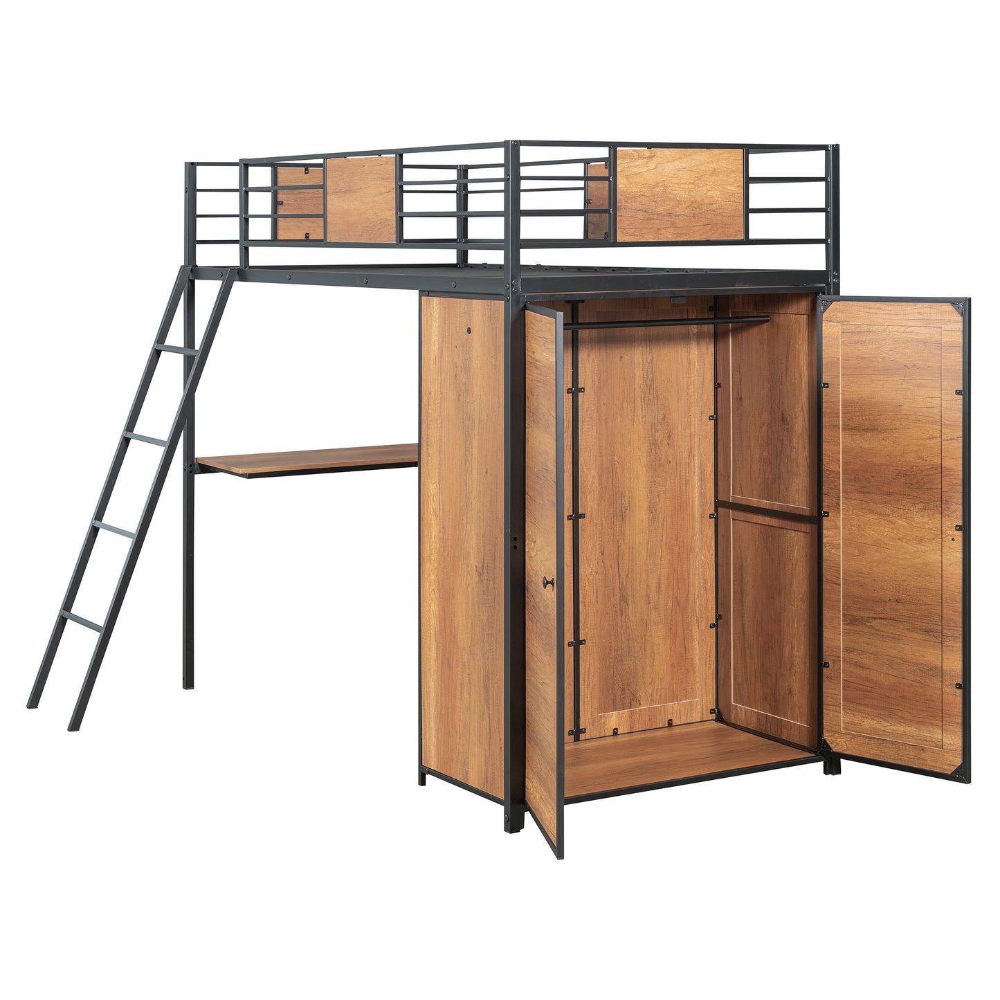 Lit double loft avec bureau en forme de L et garde-robe, noir