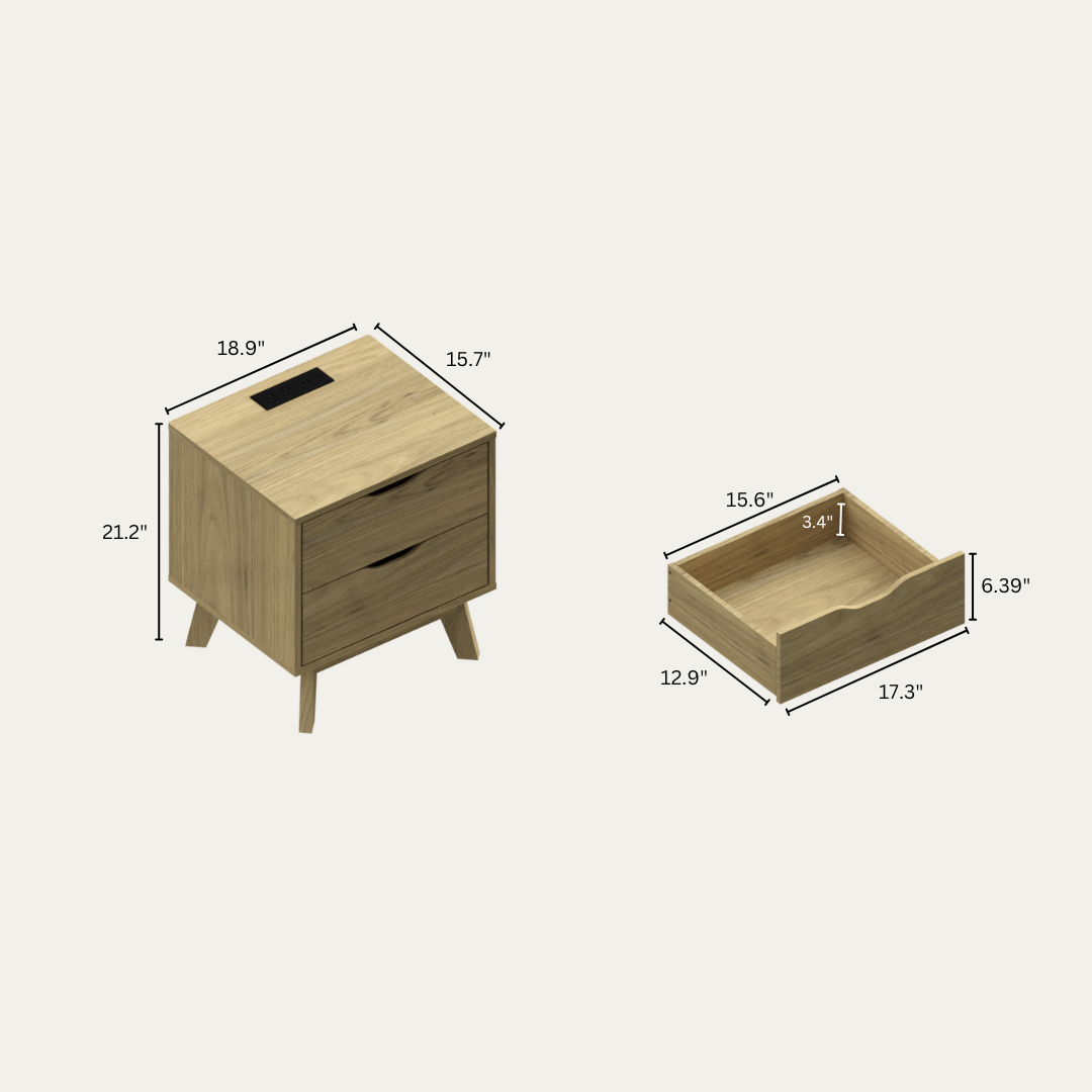 Mesita de noche con estación de carga USB y tipo C, corredera de cajón preinstalada con madera de roble natural