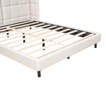 Cama Queen Size con plataforma tapizada, luces LED y cabecero en forma de U, tela de lino, color beige