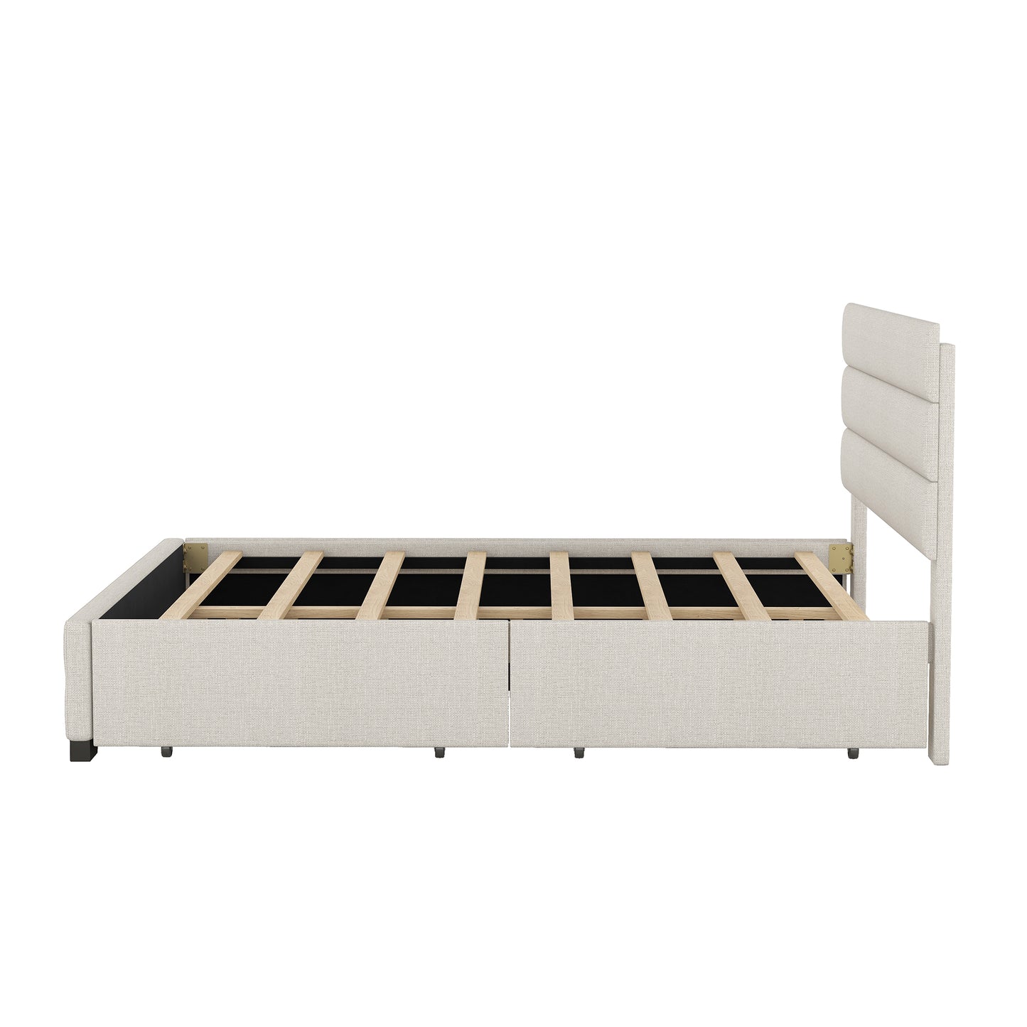 Cama Queen tapizada con plataforma, cama nido doble y dos cajones en color beige