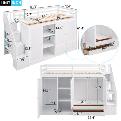 Functional loft bed with 3 shelves, 2 wardrobes and 2 drawers, ladder with storage.