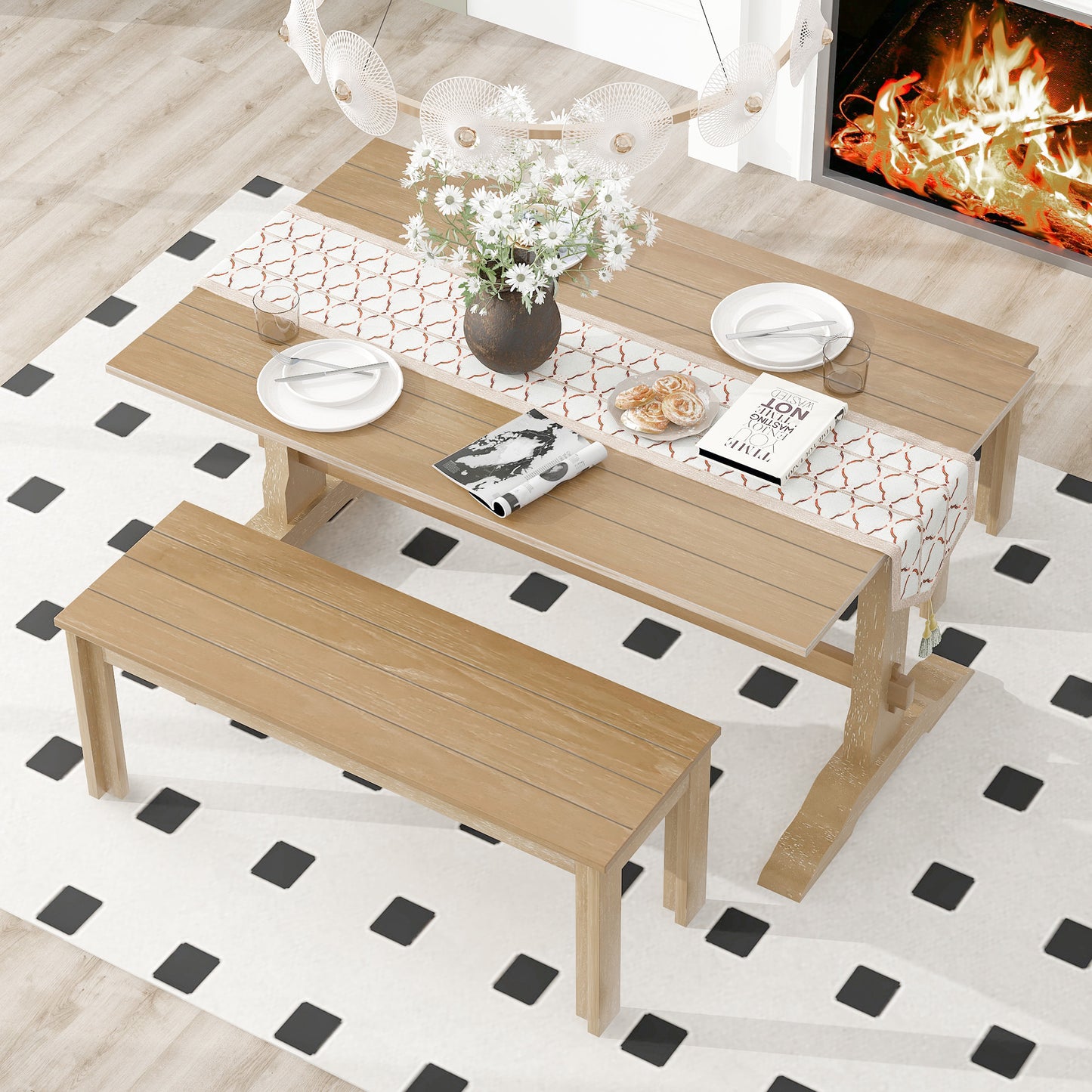 Retro Dining Table Set with Bench (3 Pieces), Rectangular Table and 2 Wooden Stools (Natural Wood)