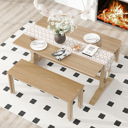 Retro Dining Table Set with Bench (3 Pieces), Rectangular Table and 2 Wooden Stools (Natural Wood)