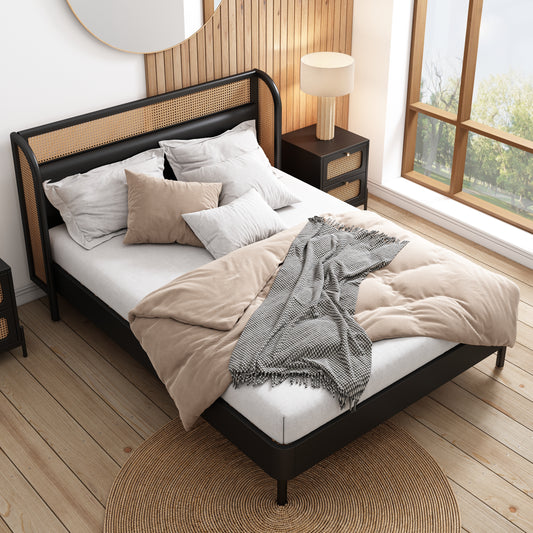 Moderna cama tamaño queen con plataforma de madera de ratán color negro