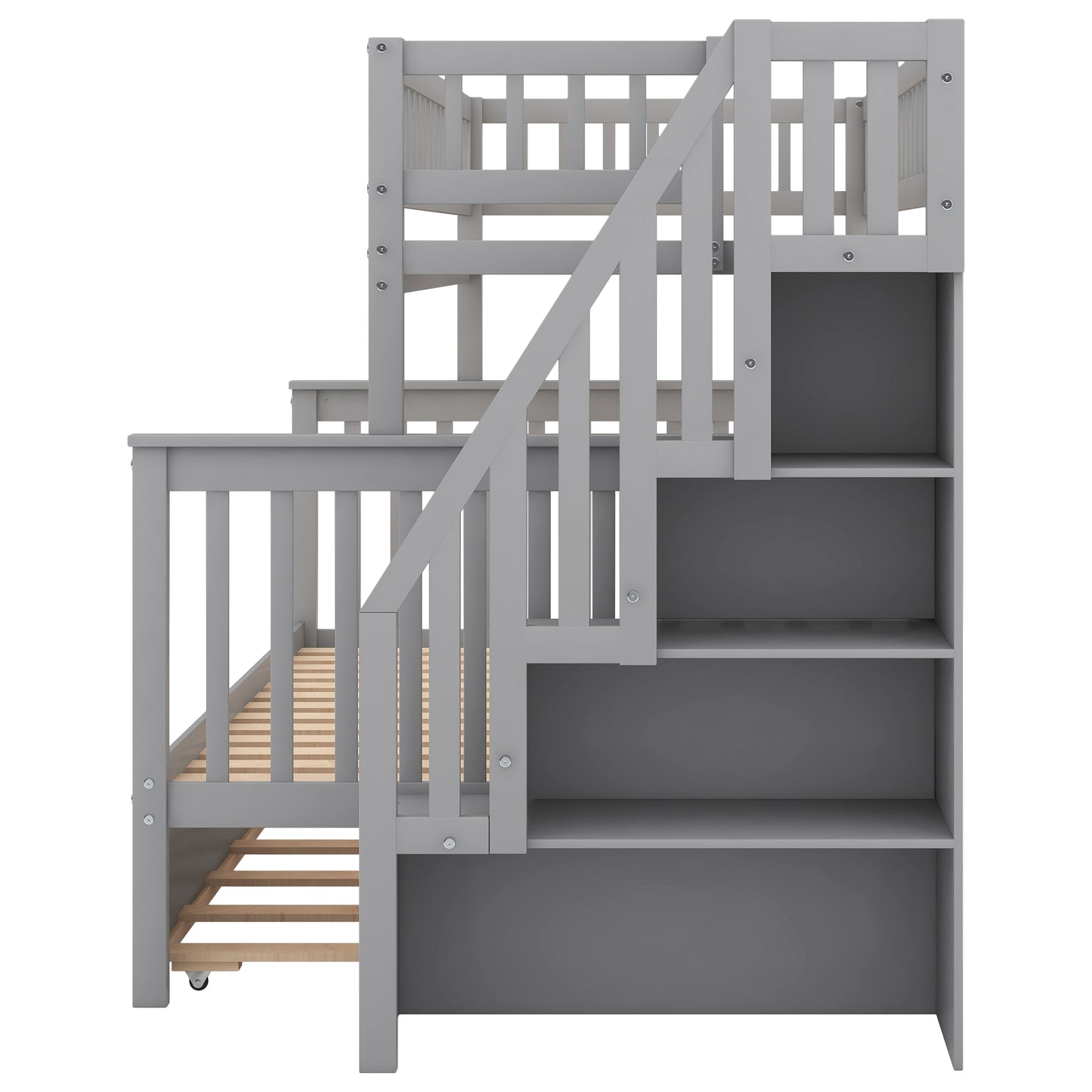 Bunk Bed with Trundle and Staircase Gray