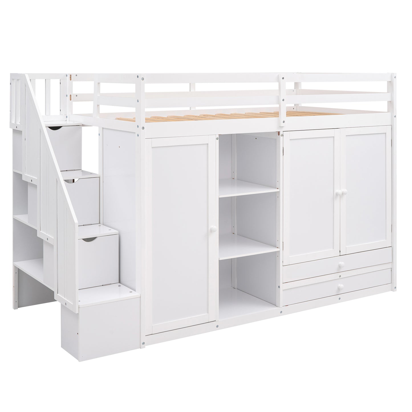 Functional loft bed with 3 shelves, 2 wardrobes and 2 drawers, ladder with storage.