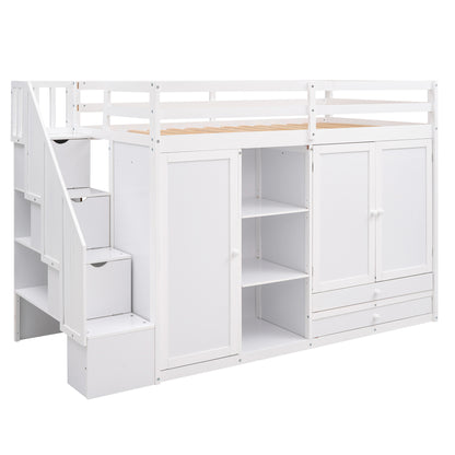 Functional loft bed with 3 shelves, 2 wardrobes and 2 drawers, ladder with storage.