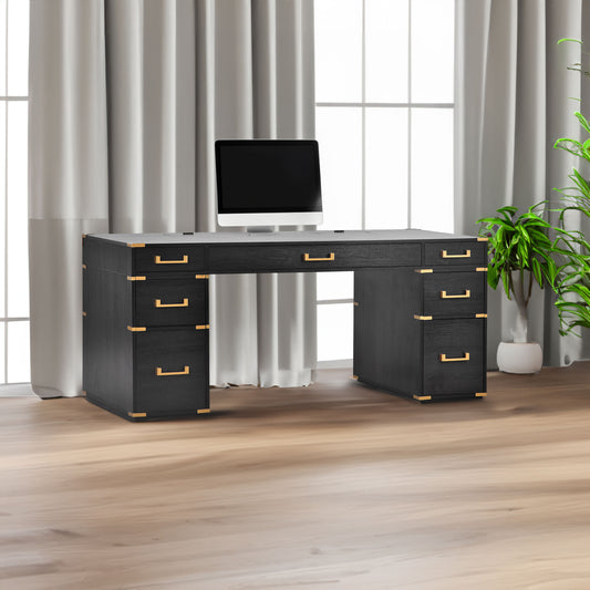 Classic and traditional 70 inch executive desk with metal trim.