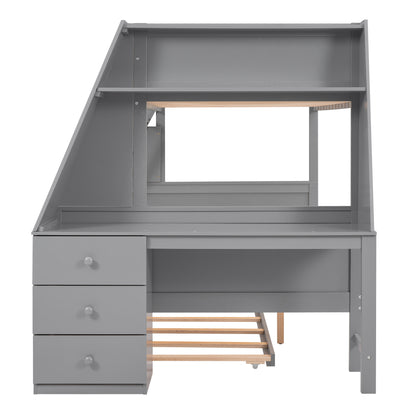 Double bed over full bunk bed with built-in tronde and desk, three storage drawers.