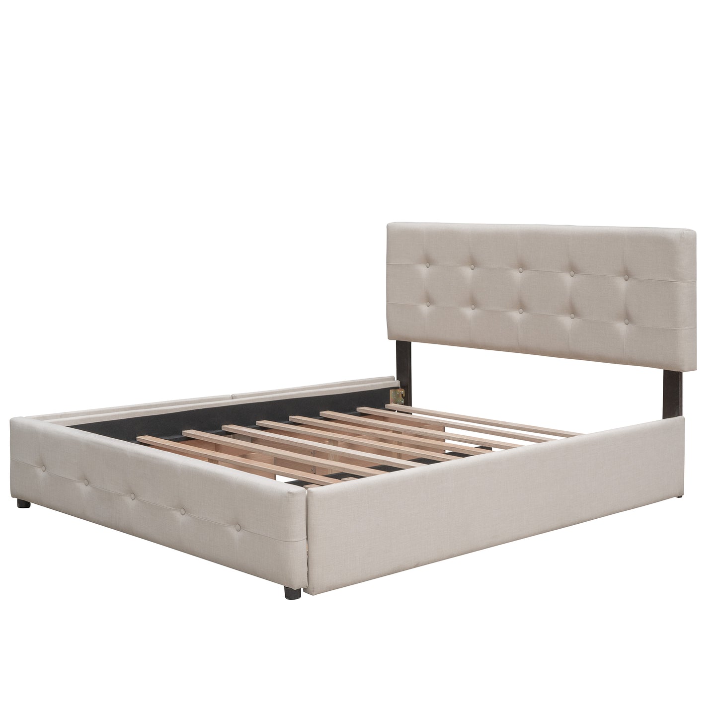 Upholstered Platform Bed with 2 Drawers and 1 Trundle Bed Single XL in Queen Size Linen Fabric - Dark Beige