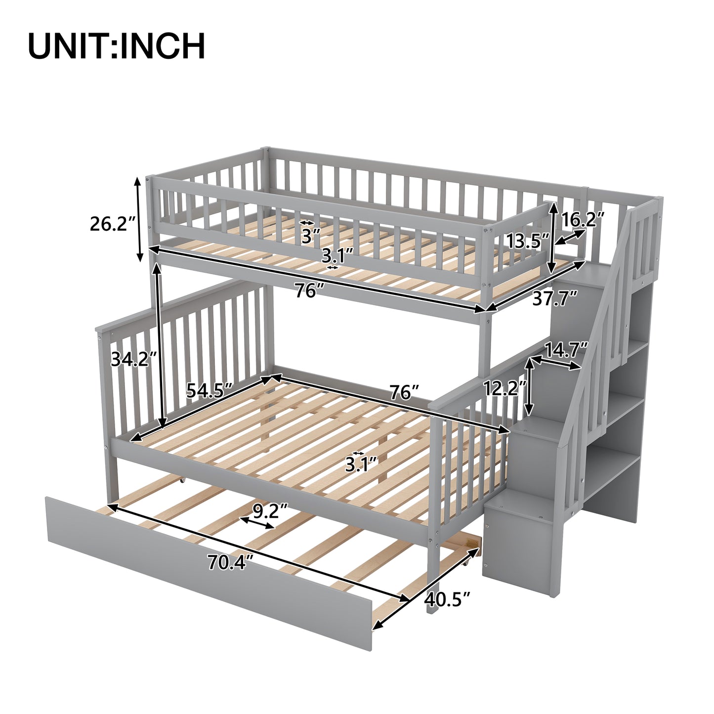 Bunk Bed with Trundle and Staircase Gray