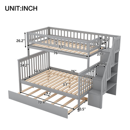 Bunk Bed with Trundle and Staircase Gray