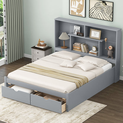 Queen Size Platform Bed with Storage Headboard and 2 Drawers