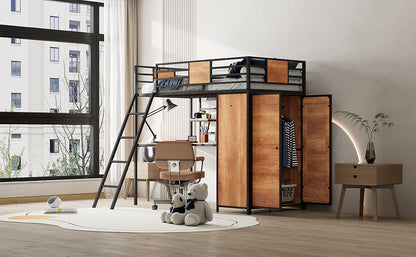 Lit double loft avec bureau en forme de L et garde-robe, noir